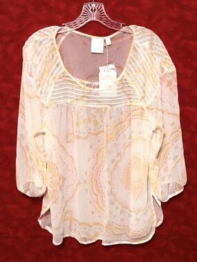 Lauren Conard Sunsplashed Flower Floral Boho Hi Low Top Shirt White Orange XL